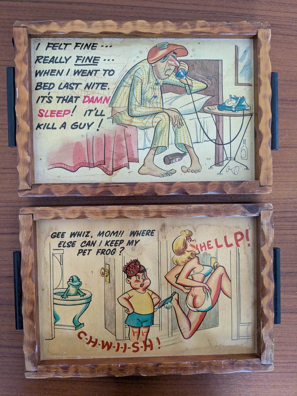 Vintage Naughty Cartoon Wooden Serving Tray Set Brown Frame Multi-Color Artwork